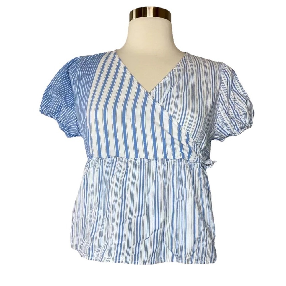 Free‎ Assembly Top Girls Youth XL (14/16) Blue White Striped Patchwork Faux Wrap